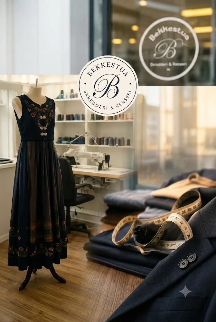 Bunad på mannekeng i butikken, med symaskin, trådsneller og dressstoff i bakgrunnen
